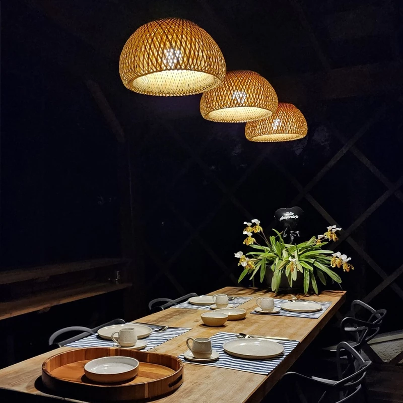 Conjunto de Luminárias Pendentes de Teto em Bambu Rattan Rustico — foto 4