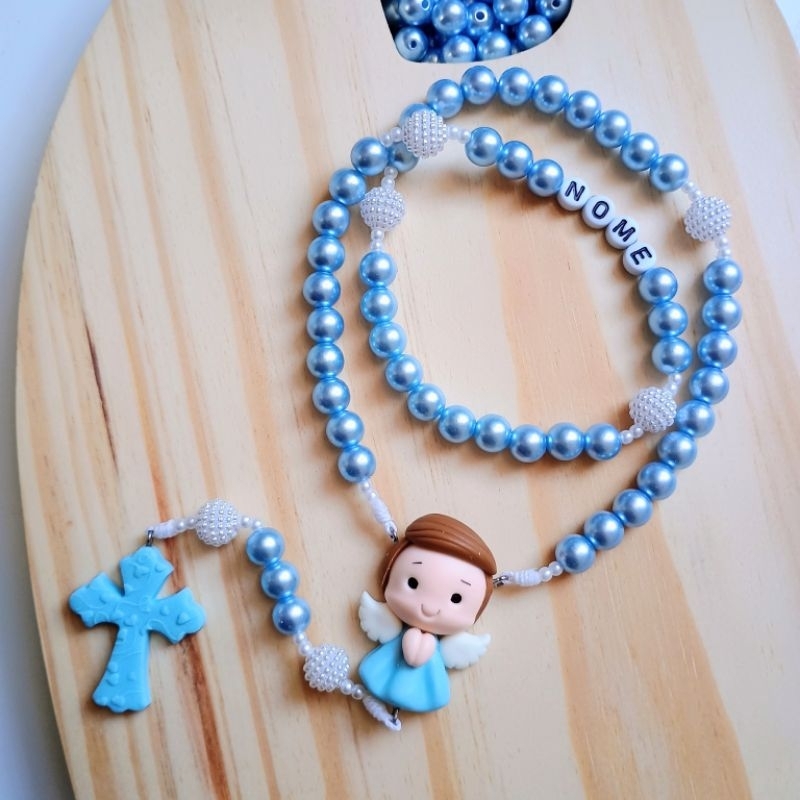 Terço infantil personalizado católico em biscuit - com ou sem nome - cor azul - presente, batizado, primeira comunhão