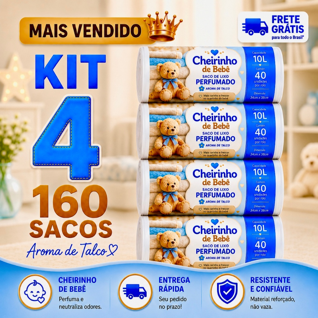 Kit 4 Sacos de Lixo Talco Perfumados 160 Sacos Pia e Banheiro 34x38cm Neutraliza Odores Fralda  bebê