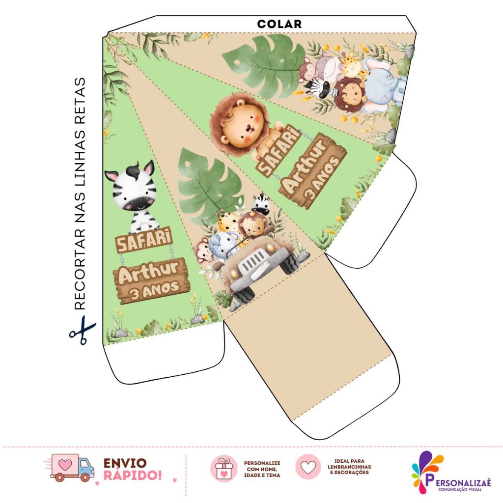 kit 10/20/25 Caixinha Pirâmide Personalizada Tema Safari para Lembrancinha de Festa Infantil, Aniversário, Nome e Idade