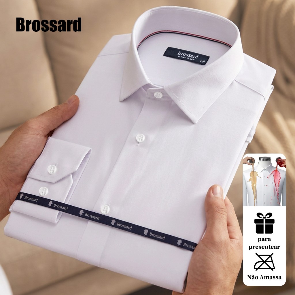Camisa Social Masculina Manga Longa Slim, Blusa Fibra de Bambu Não Amassa Impermeável Para Presente