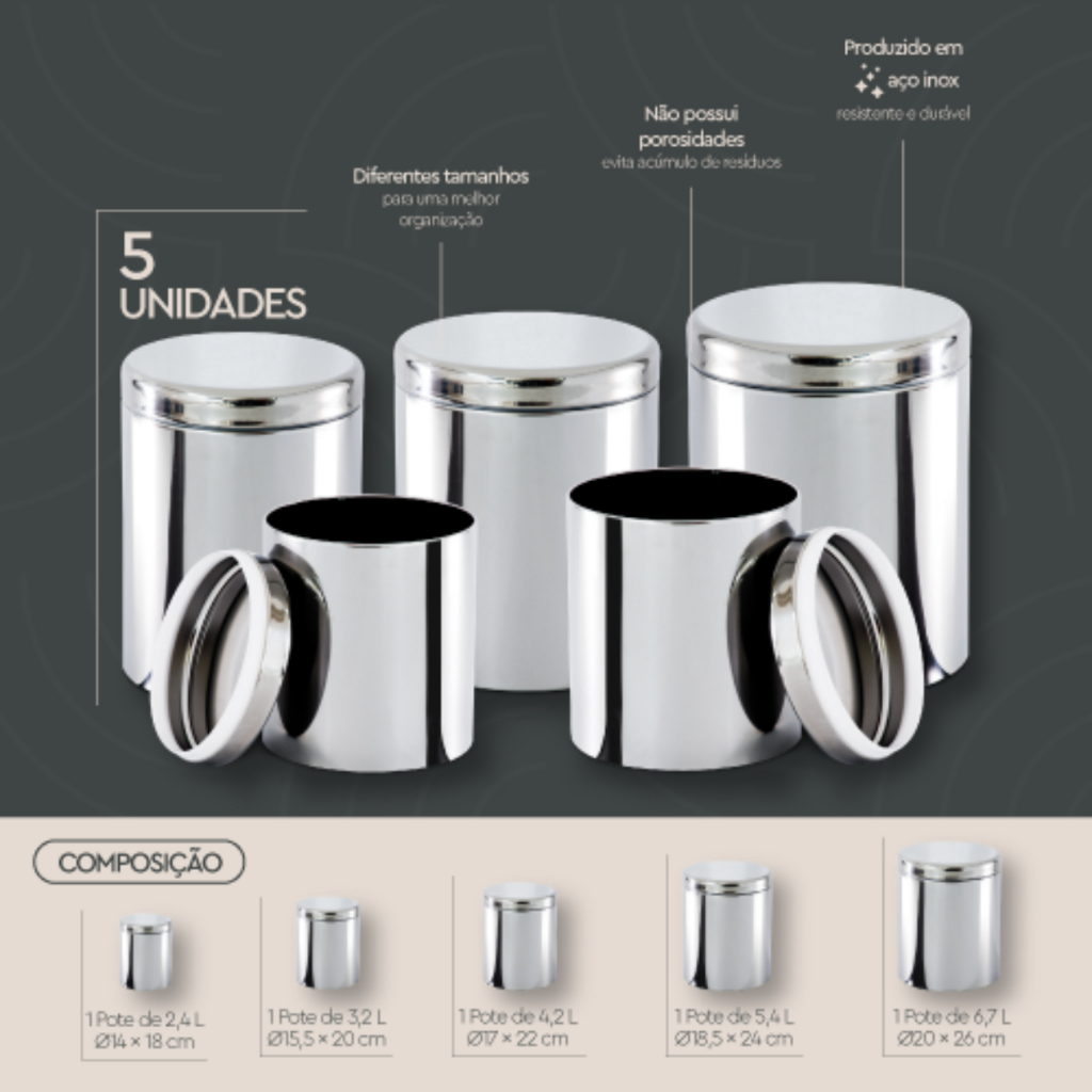Conjunto De Potes Porta Mantimentos Com Tampa Brinox Suprema 5 Peças Inox · foto 2