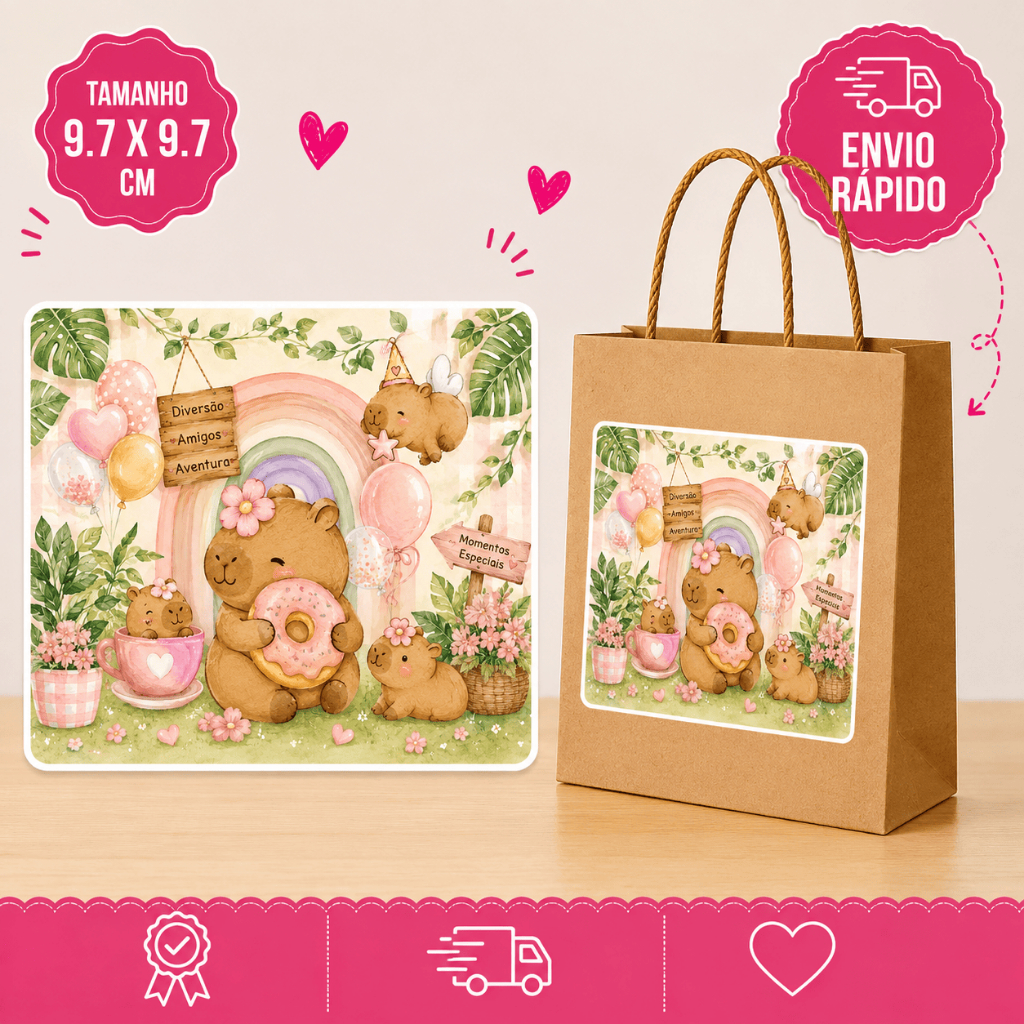 Adesivo Personalizado para Sacolinha de Aniversário Capivara cute 9,7x9,7cm | Rótulo para Lembrancinha