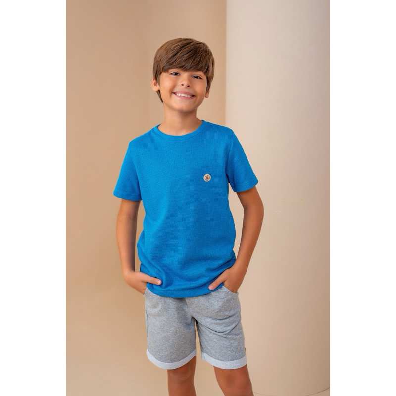 Conjunto Infantil Masculino Camiseta Azul Texturizada e Bermuda Moletinho Verão