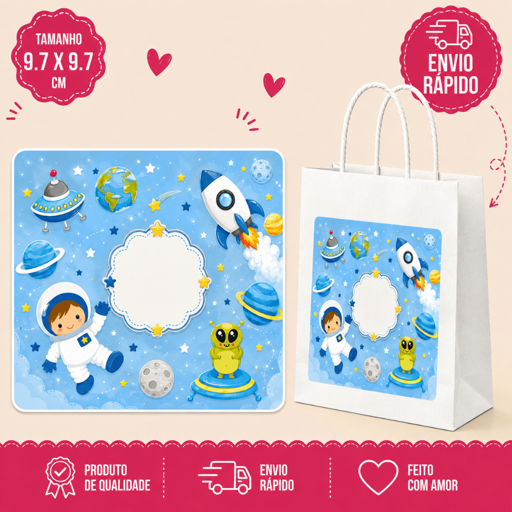 Adesivo Personalizado para Sacolinha de Aniversário Astronauta azul claro 9,7x9,7cm | Rótulo para Lembrancinha