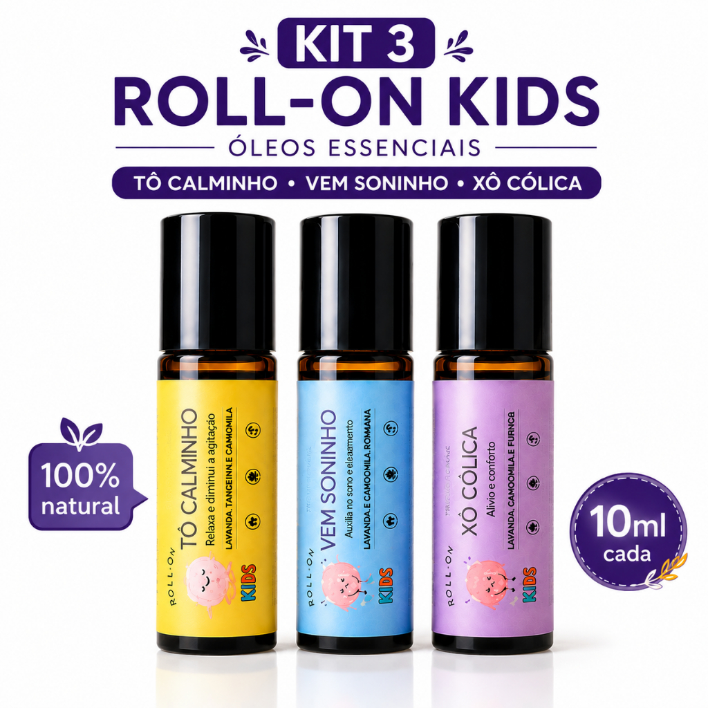 Kit 3 Roll-on Óleos Essenciais Infantil Kids Tô Calminho + Sono + Cólica 10ml