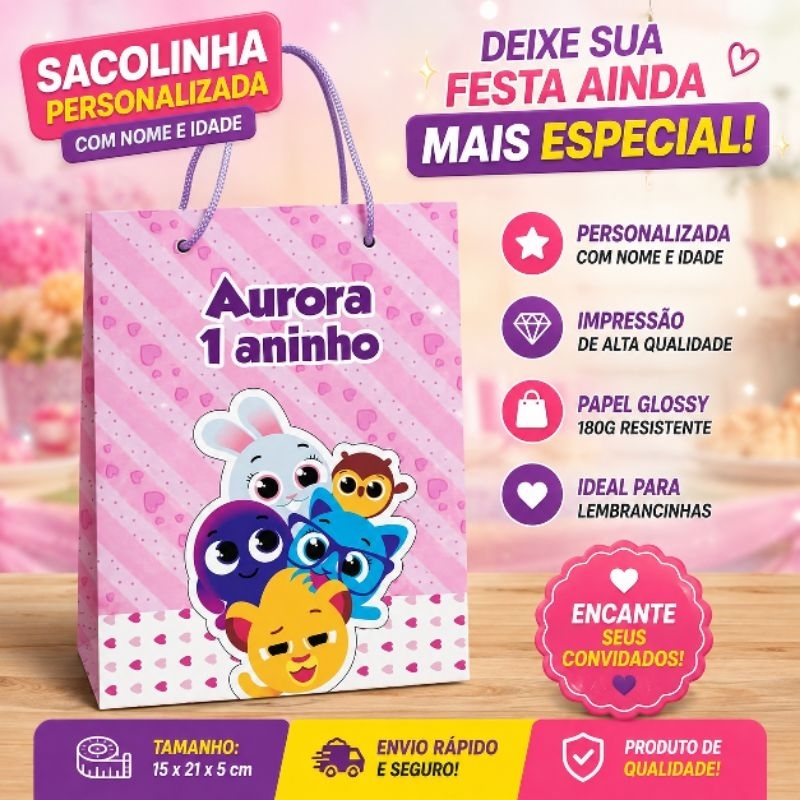 Sacolinha Personalizada Bolofofo Rosa Com Nome e Idade Lembrancinha para Festa Bolofofos