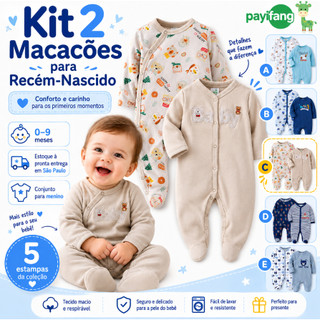 Kit 2 Pijamas Bebê Menino 100% Algodão Macacão Manga Longa com Pezinho Recém-Nascido 0 a 9 Meses