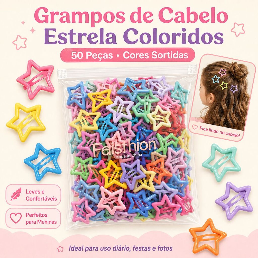 【50pcs】Grampos de Cabelo Estrela Coloridos Dopamina 50 Peças para Meninas Acessório Infantil