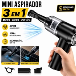 Mini Aspirador de Pó Portátil 3 em 1 Soprador Recarregável Premium Automotivo Preto 127/220V