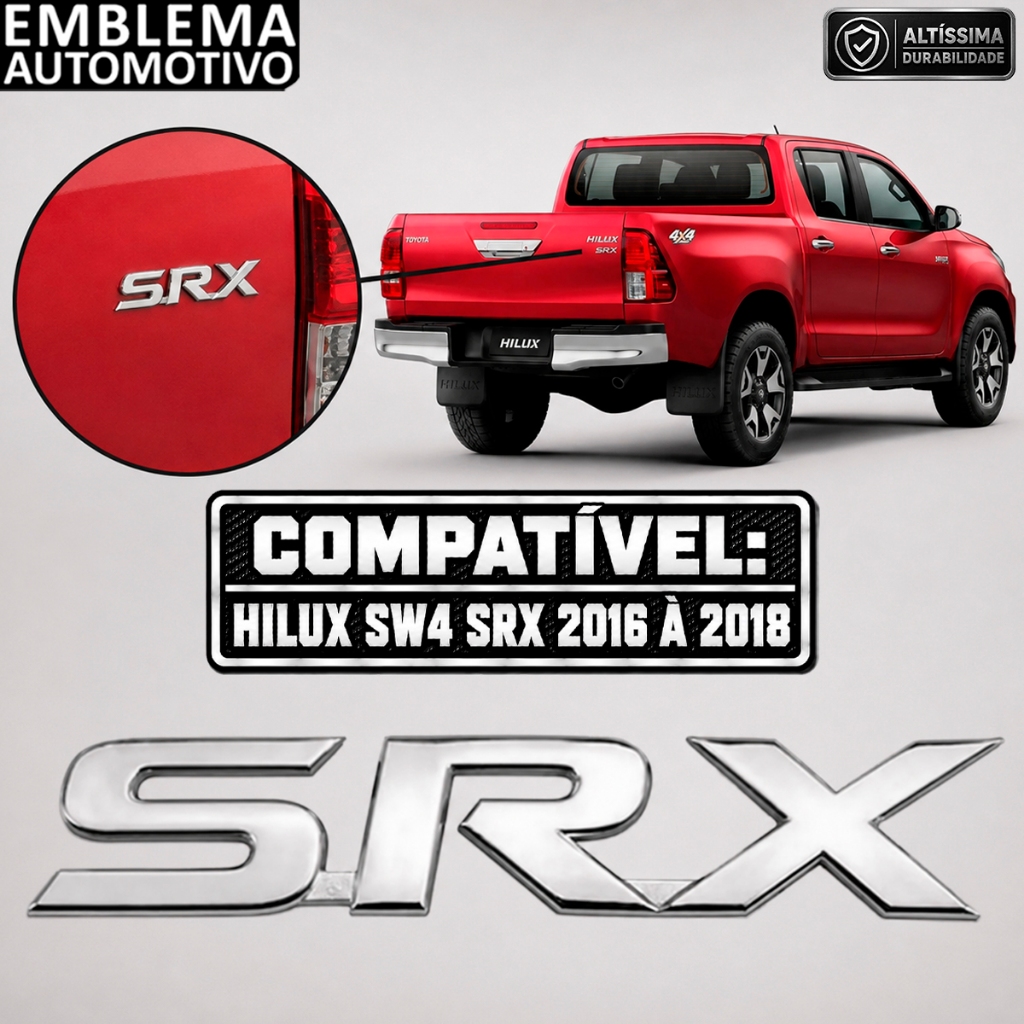 Emblema Letreiro SRX Hilux Sw4 2016 a 2018 132x25mm cromado