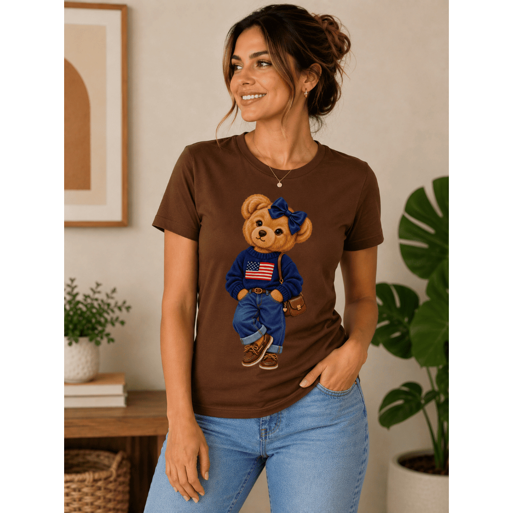 Camiseta Feminina Ursinho Estampada Camiseta Algodão Premium Manga Curta Gola Redonda Blusa Feminina Casual Confortável