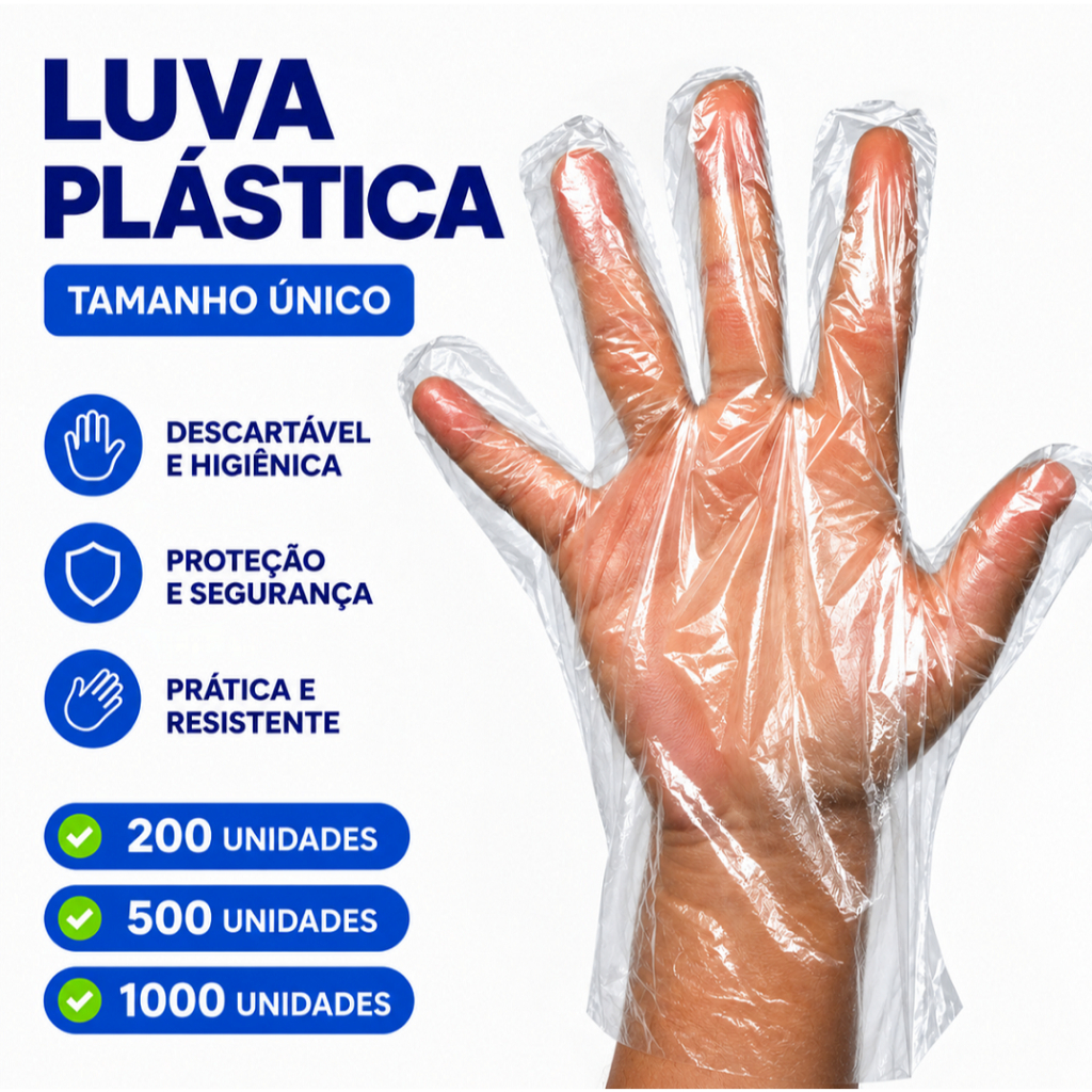 LUVA Plástica Descartável Até 1000 Unidades Tamanho único