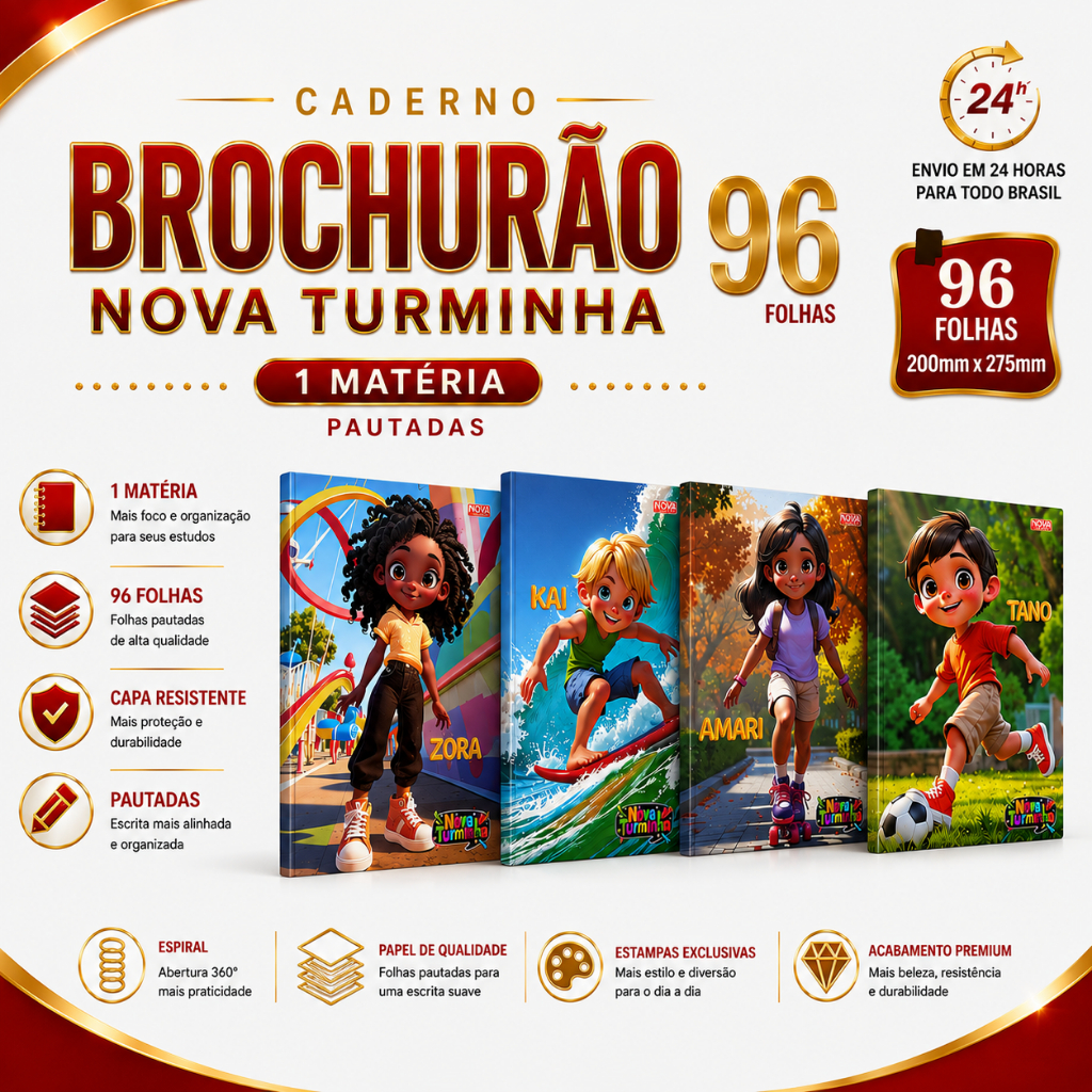 Cadernos Grande Brochurão Nova Turminha 96 Folhas Capa Dura Infantil