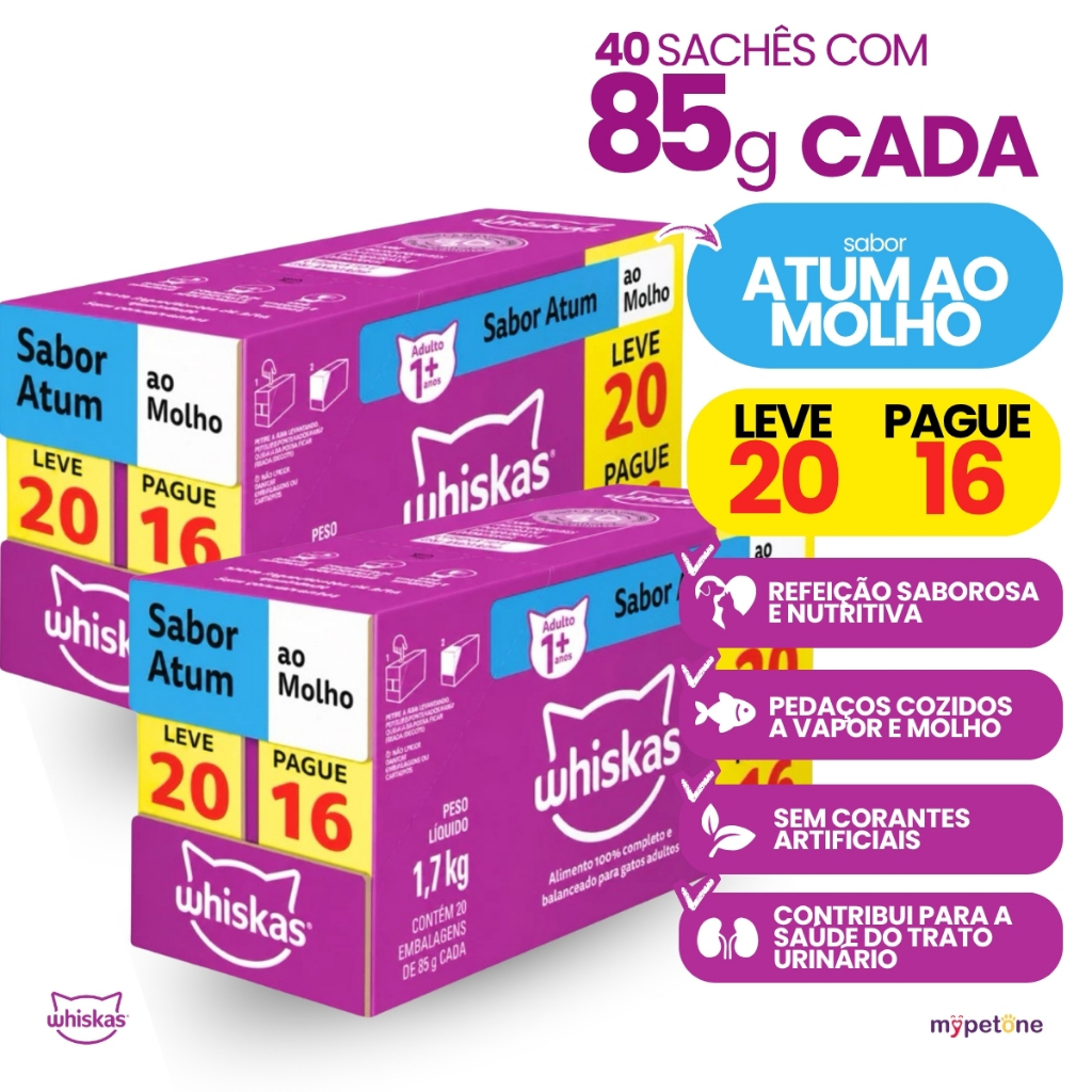 Kit 2 Caixa Ração Úmida 85 g Sachê Atum ao Molho para Gatos Adultos Whiskas - Pague 32 Leve 40