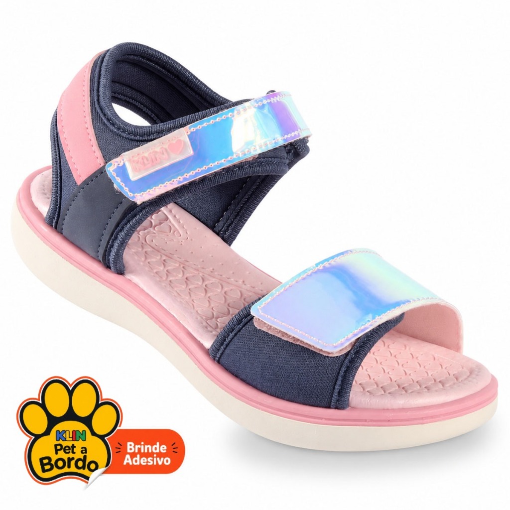 Sandália Papete Infantil Menina Klin Jujuba Anatômica com Velcro e Detalhe Holográfico