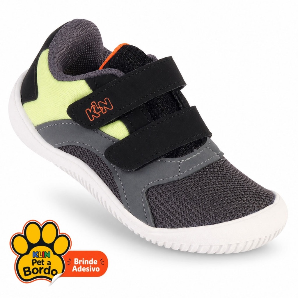 Tênis Infantil Menino Klin Hug Sport Calce Fácil Velcro Escolar Leve Confortável Cinza, Preto e Limão