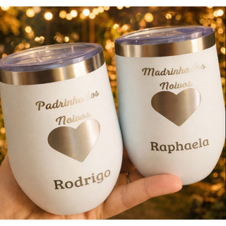 Kit 2 Copos Térmicos Inox Personalizados - Padrinho e Madrinha - Presente Batizado Casamento Noivo & Noivo