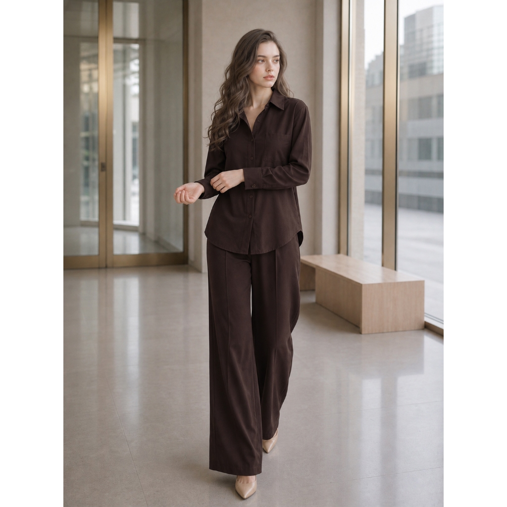 Conjunto 8070 camisa e calca pantalona tecido marrant com bolso frontal e lateral barra redonda