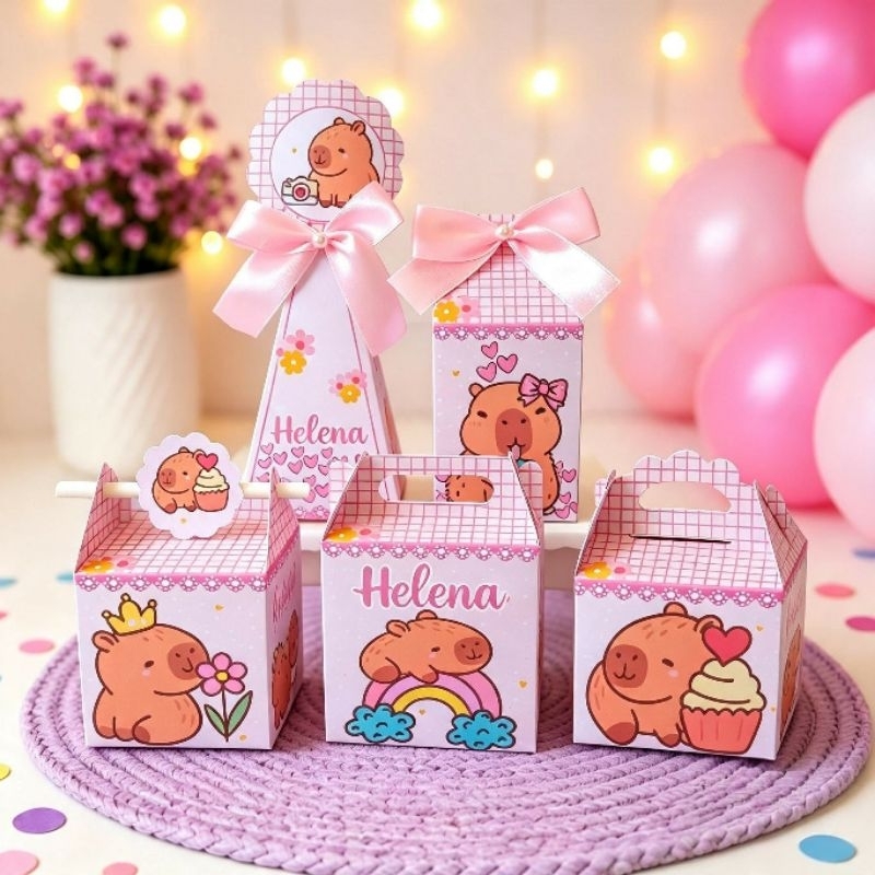 (PEGUE E MONTE) Caixinhas Personalizadas Capivara Rosa de Aniversário/Kit Lembrancinha/Decoração