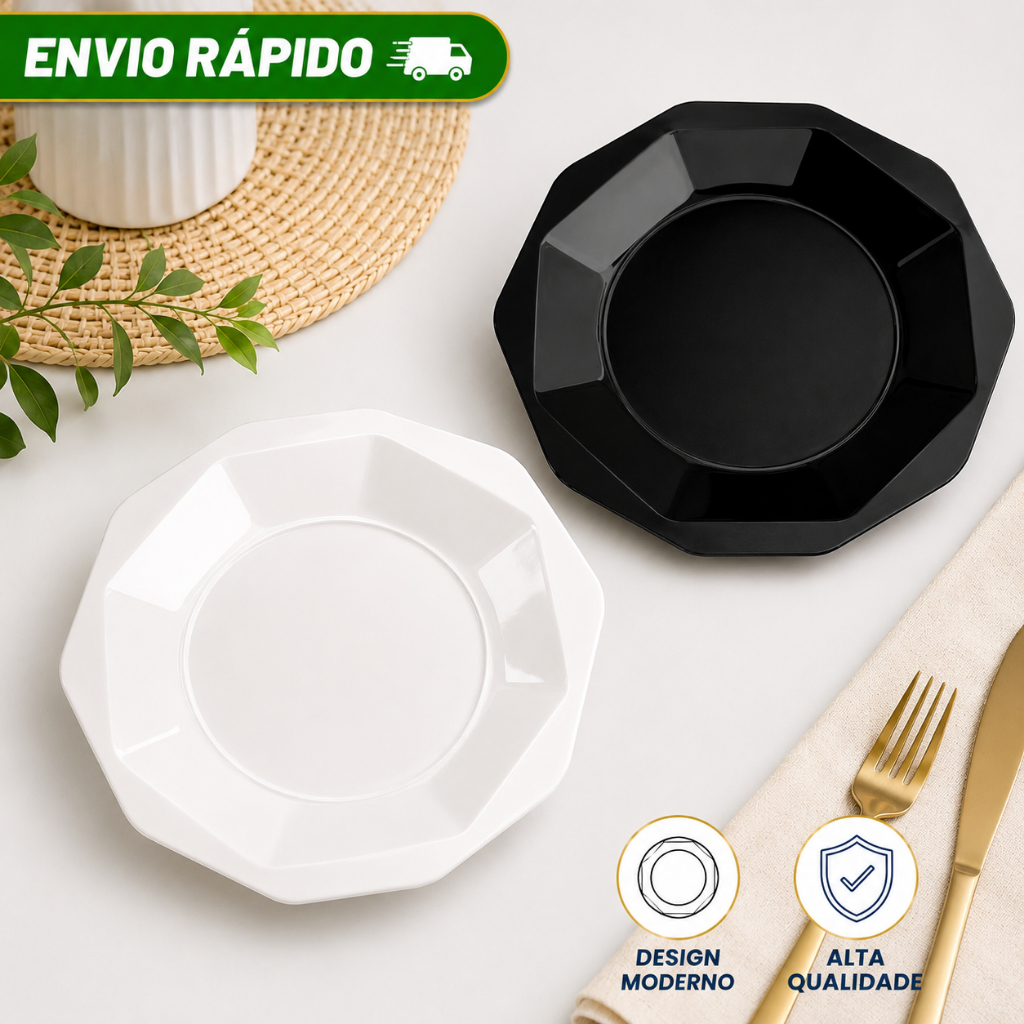 Kit 10 Prato Plástico Oitavado 25cm Resistente PP Para Refeição Churrasco Porções Micro-ondas Lava-Louças