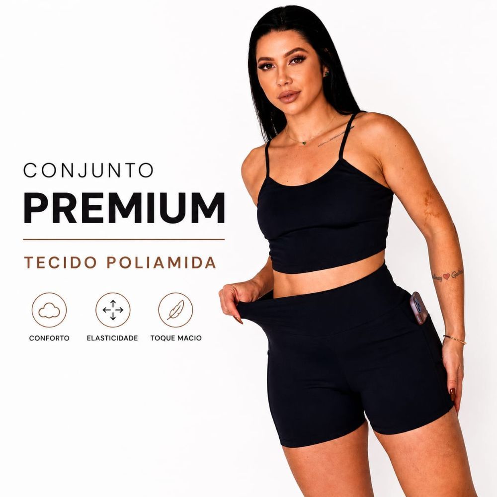Conjunto Fitness Feminino Poliamida Premium Academia Cintura Alta Sem Transparência Shorts com Bolso e Top