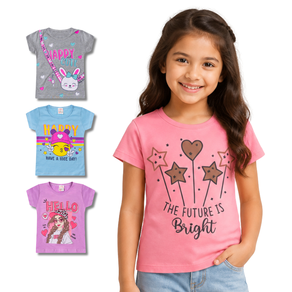 KIT 3 Camisetas Manga Curta Estampada Sortido Feminina/Menina Infantil e Juvenil do 1 ao 14