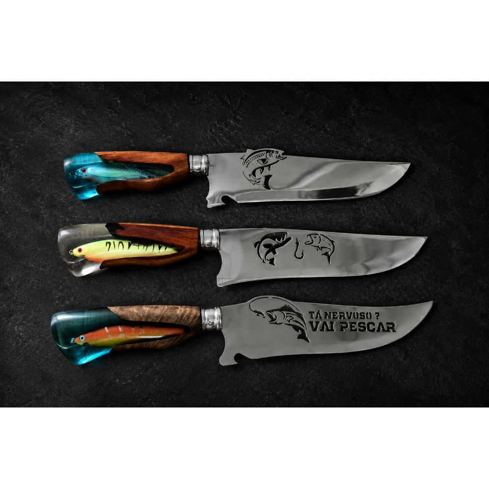Faca Artesanal Churrasco 8" Pesca Cutelaria Premium Cabo Híbrido com Luxo Isca Artificial Colecionável