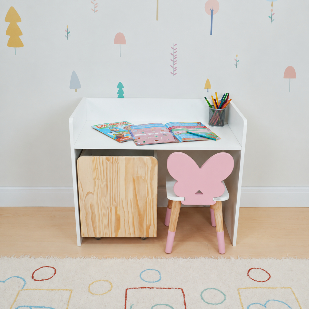 Escrivaninha Infantil Bancada Organizadora Pequena Madeira Borboletinha Faz de Conta Kit Livro