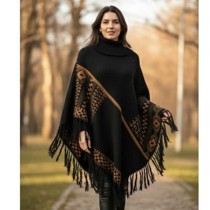 Poncho Feminino Tricô Premium Gola Alta com Franjas Casual