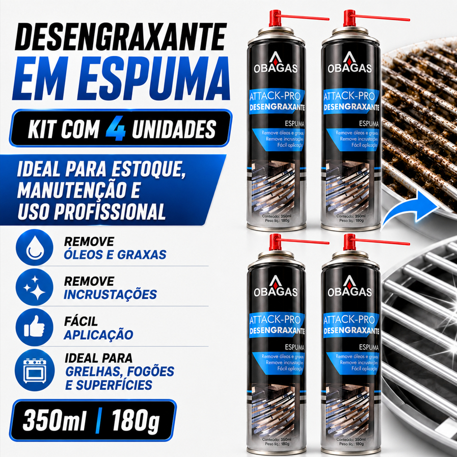 KIT 4 Desengraxante Spray Espuma Multiuso Facilita a Limpeza Gordura, Sujeiras Pesadas e Resíduos 350ml