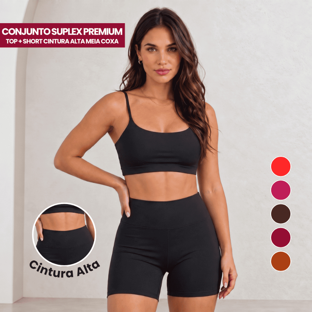 Conjunto Fitness Short Cós Alto e Top Cropped Suplex Sem Transparência Academia Treino Feminino