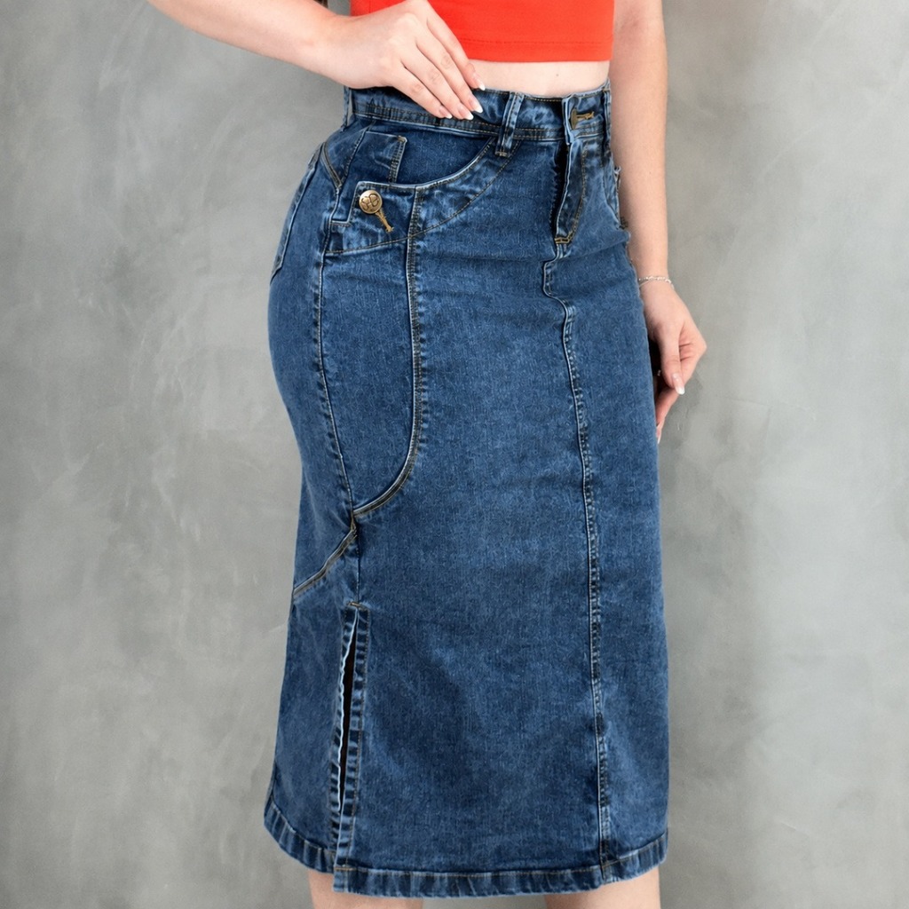 Saia Jeans Midi Feminina Cintura Alta Fenda Lateral