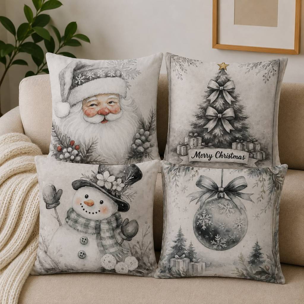 Kit 4 Capas de Almofada Personalizada Natal Clima Natalino Branco Feliz Natal Decorativo 45x45 Quarto Cama Sala Sofá