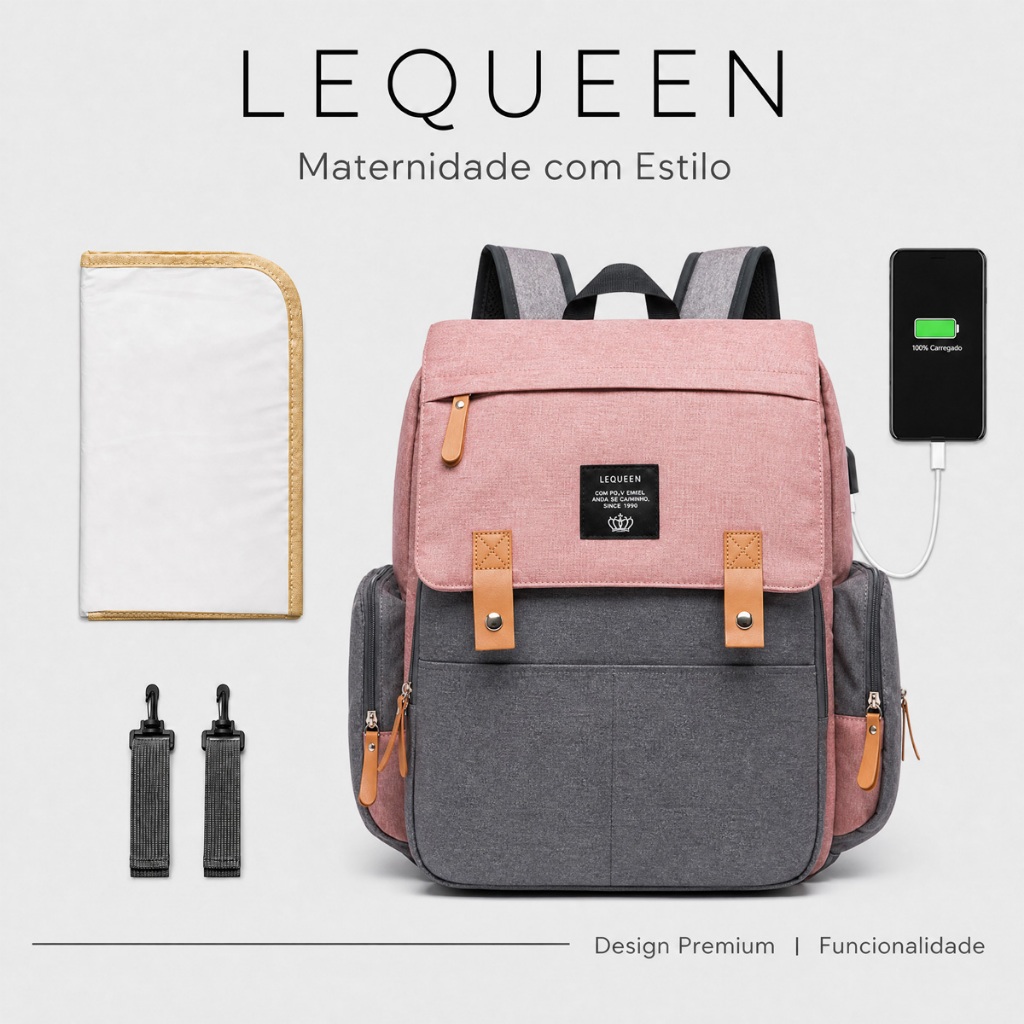 Mochila Maternidade Lequeen Trocador Saída USB Resistente Ganchos