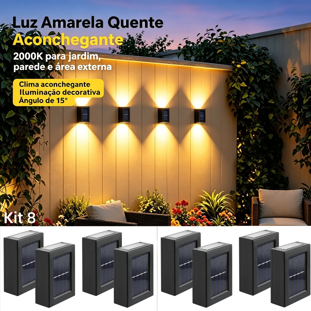 Kit 8/10 Arandela Solar Externa Jardim Luz Amarela Sensor Movimento IP65 Decoracao Luminaria