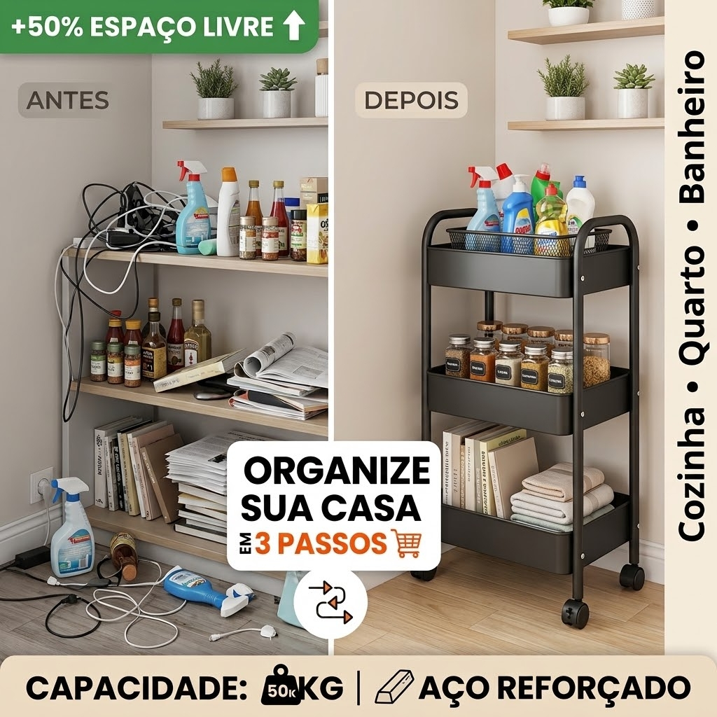 Carrinho Auxiliar Organizador Multiuso Com 3 Andares Com Rodas Rack de Armazenamento Para Lavanderia Cozinha e Quarto
