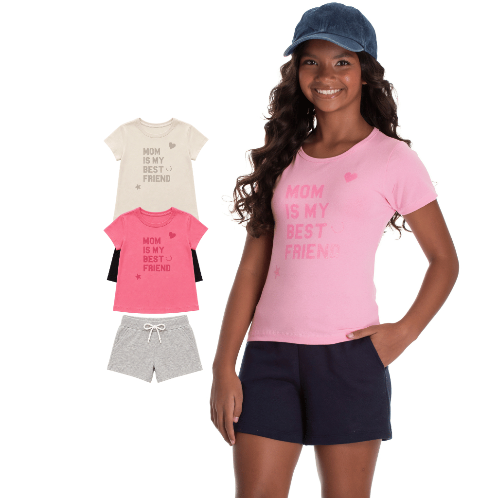 Conjunto Juvenil Feminino Blusa Cotton Algodão Elastano Bermuda Moletinho com Bolso Tam 10 12 14