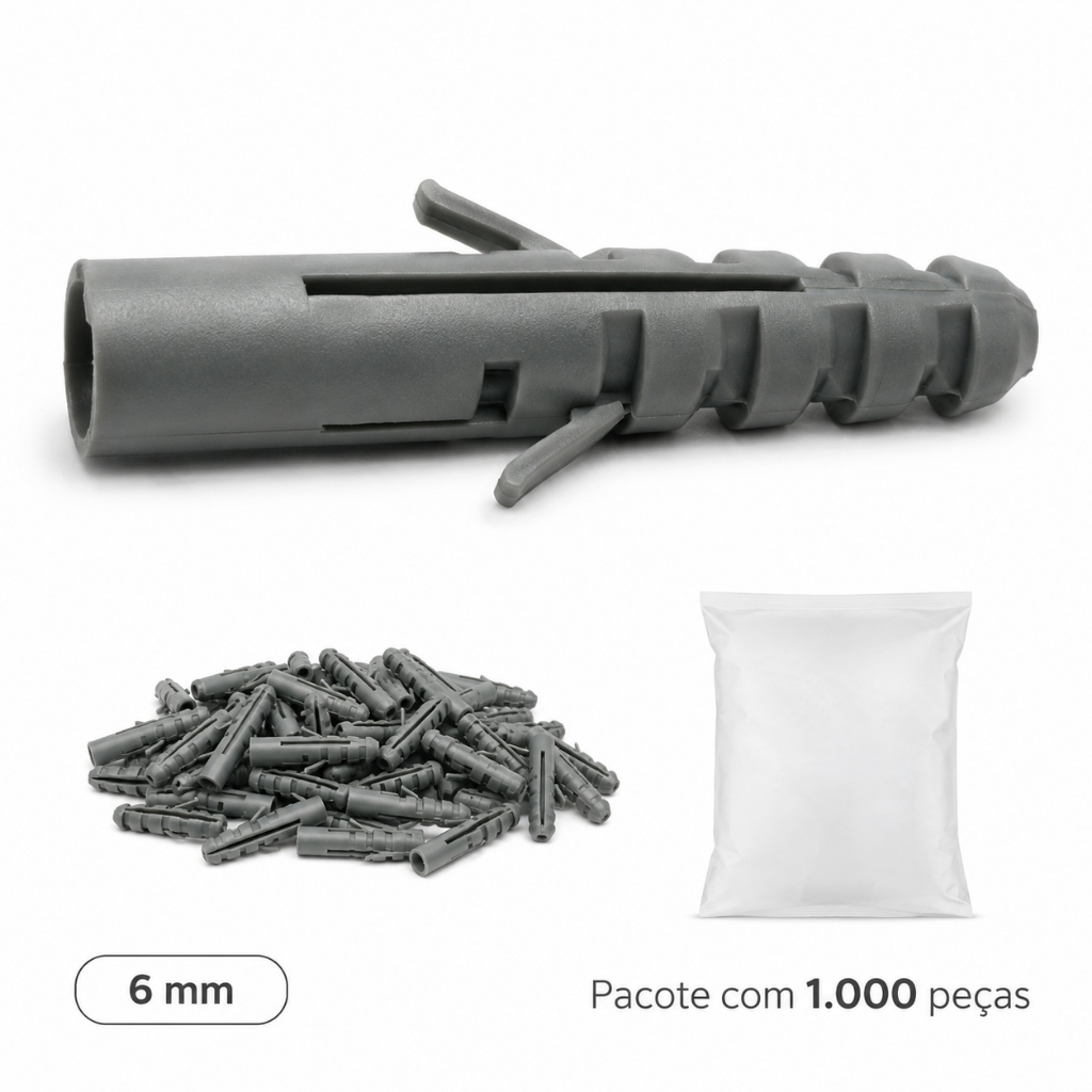 Kit 1000 Buchas Plásticas 6mm Sem Anel para Fixação em Parede