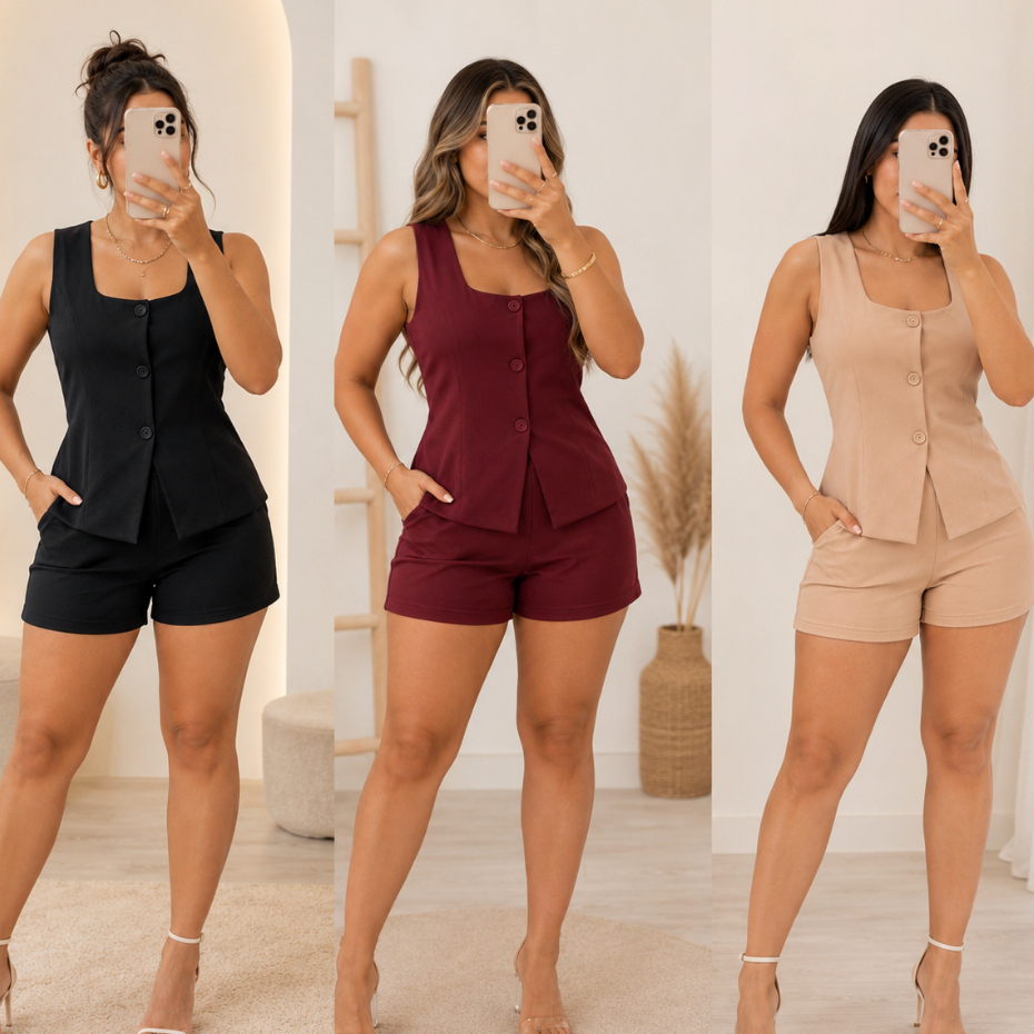 Conjunto Alfaiataria Feminino Elegante Plus Size e Slim Colete com Botões Shorts Moda Casual Social Verão Confortável