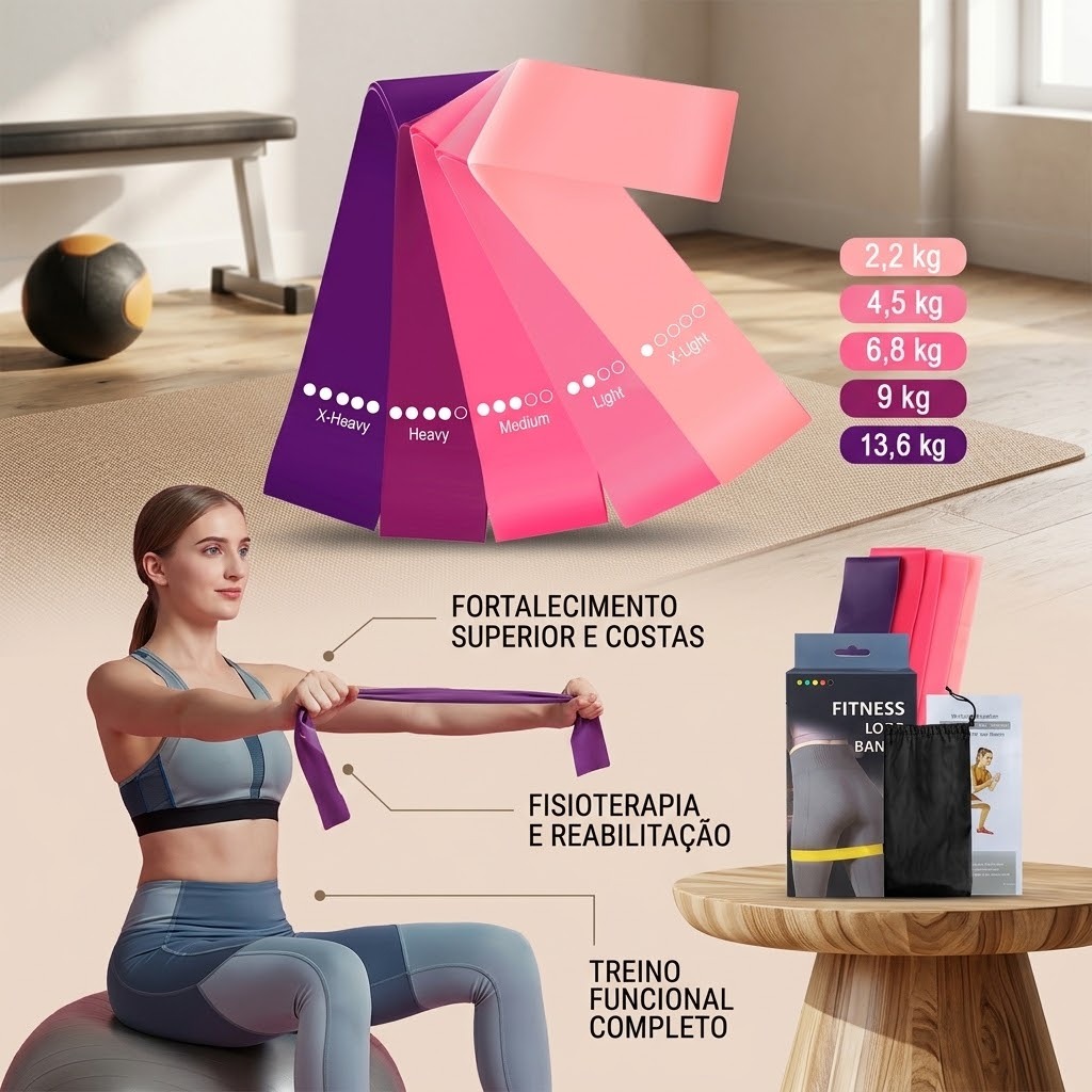 Kit 5 Mini Bands Elástico Extensor Exercício Funcional Fisioterapia Treino 5 Níveis Peso