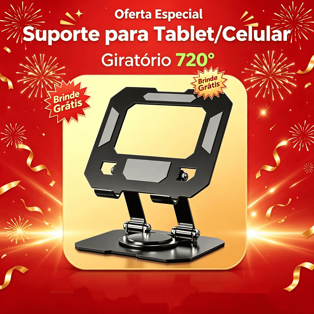 O suporte para tablet pode girar 720 graus, é estável e possui fixação magnética