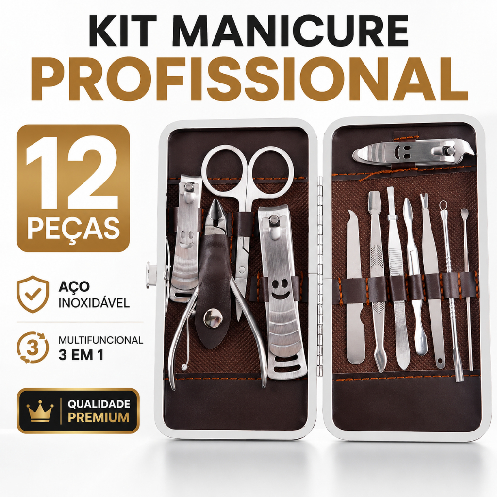 Kit Manicure E Pedicure Profissional 12 Peças Aço Inox Completo Com Estojo Cortador De Unha Alicate Qualidade Premium