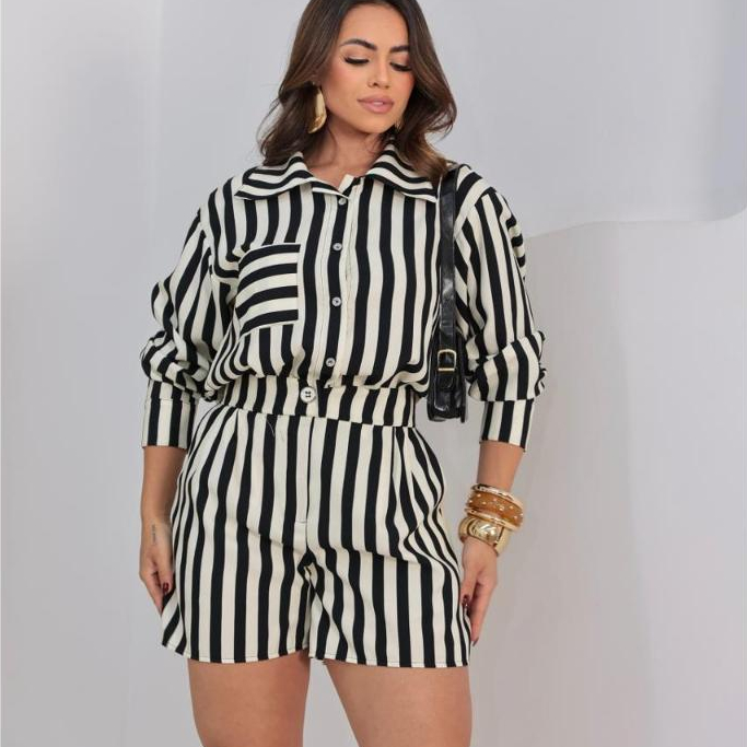 Conjunto Feminino Kimono- CHAMISE Manga Longa com Botão + Short Com Bolso Elastico nas Costas Tecido MARRANTE  listrado