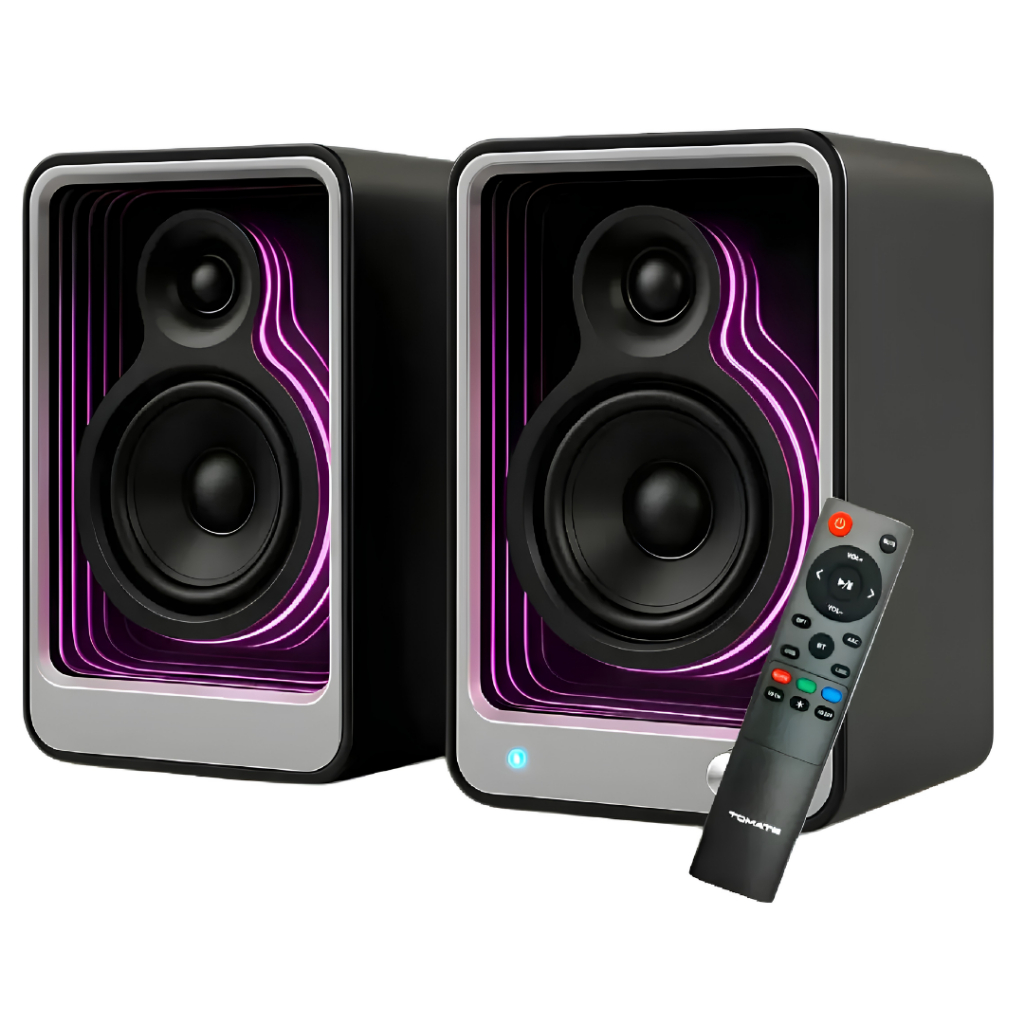 Caixa de Som Bluetooth 100W RMS TOMATE RGB Gamer para PC TV 2.0 Estéreo USB ARC com Controle Remoto