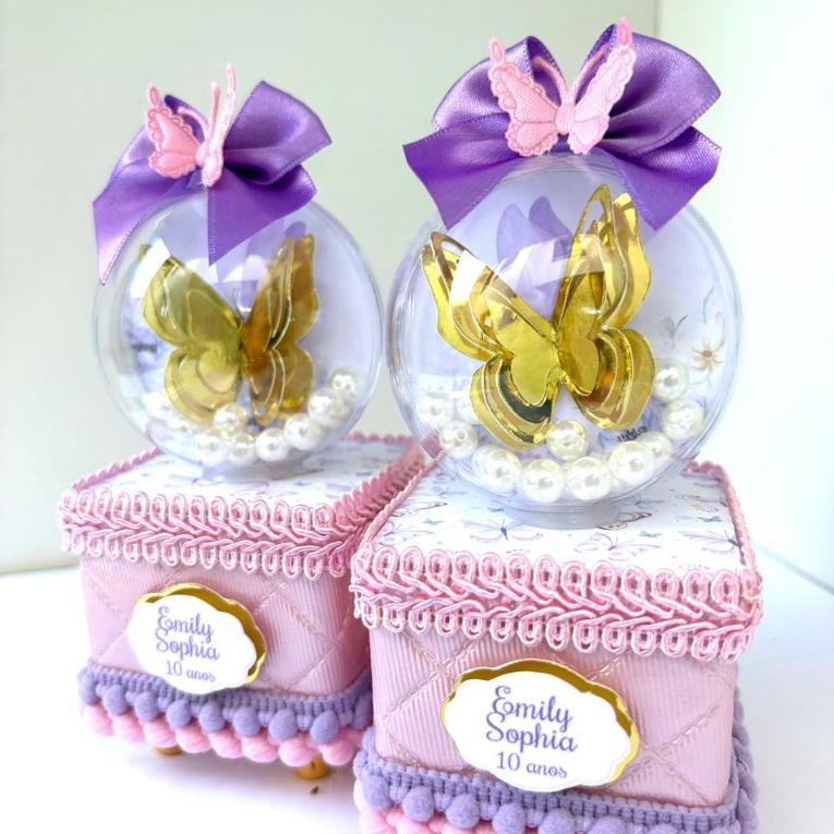 Caixinha Acrílica 6x6 Luxo com Esfera Personalizada JARDIM ENCANTADO/BORBOLETAS | Lembrancinha Festa Infantil
