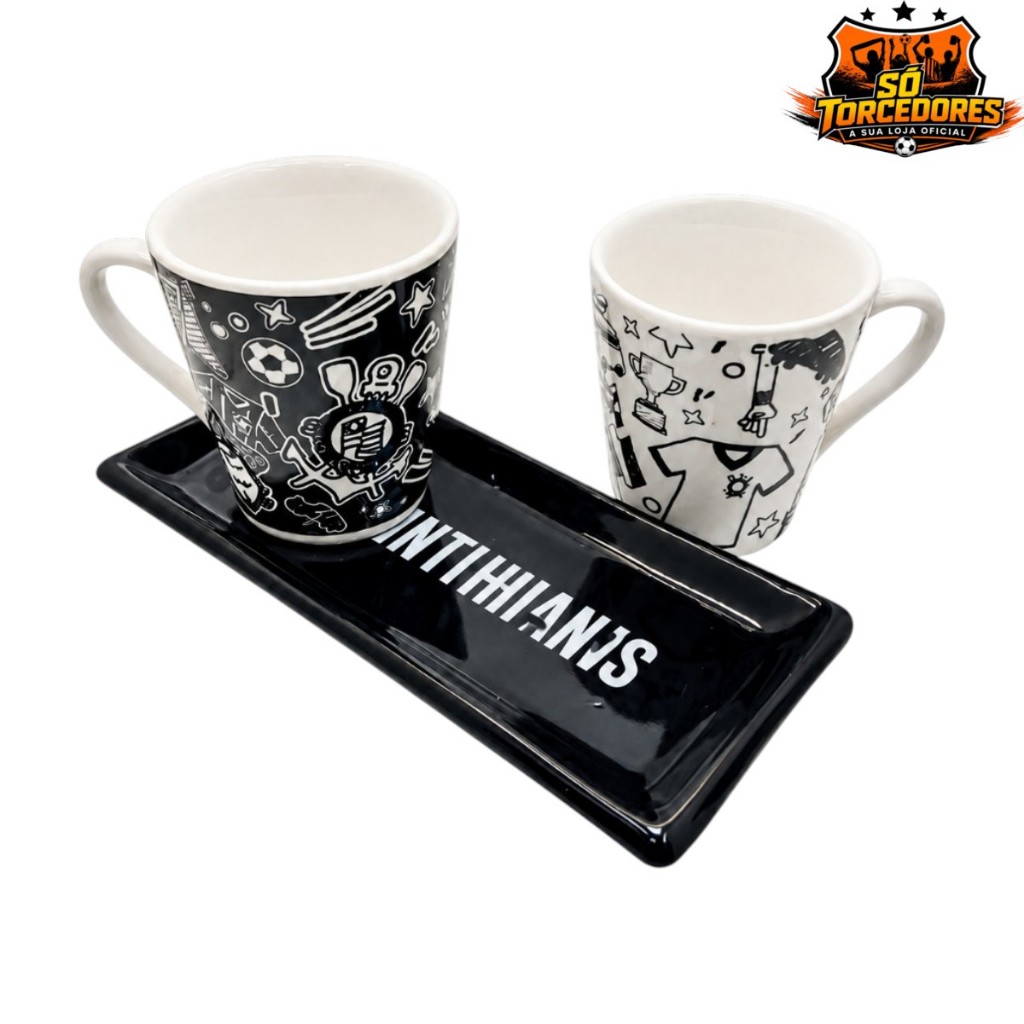 KIT XÍCARAS CORINTHIANS OFICIAL COM BANDEJA | 2 XÍCARAS PARA CAFÉ