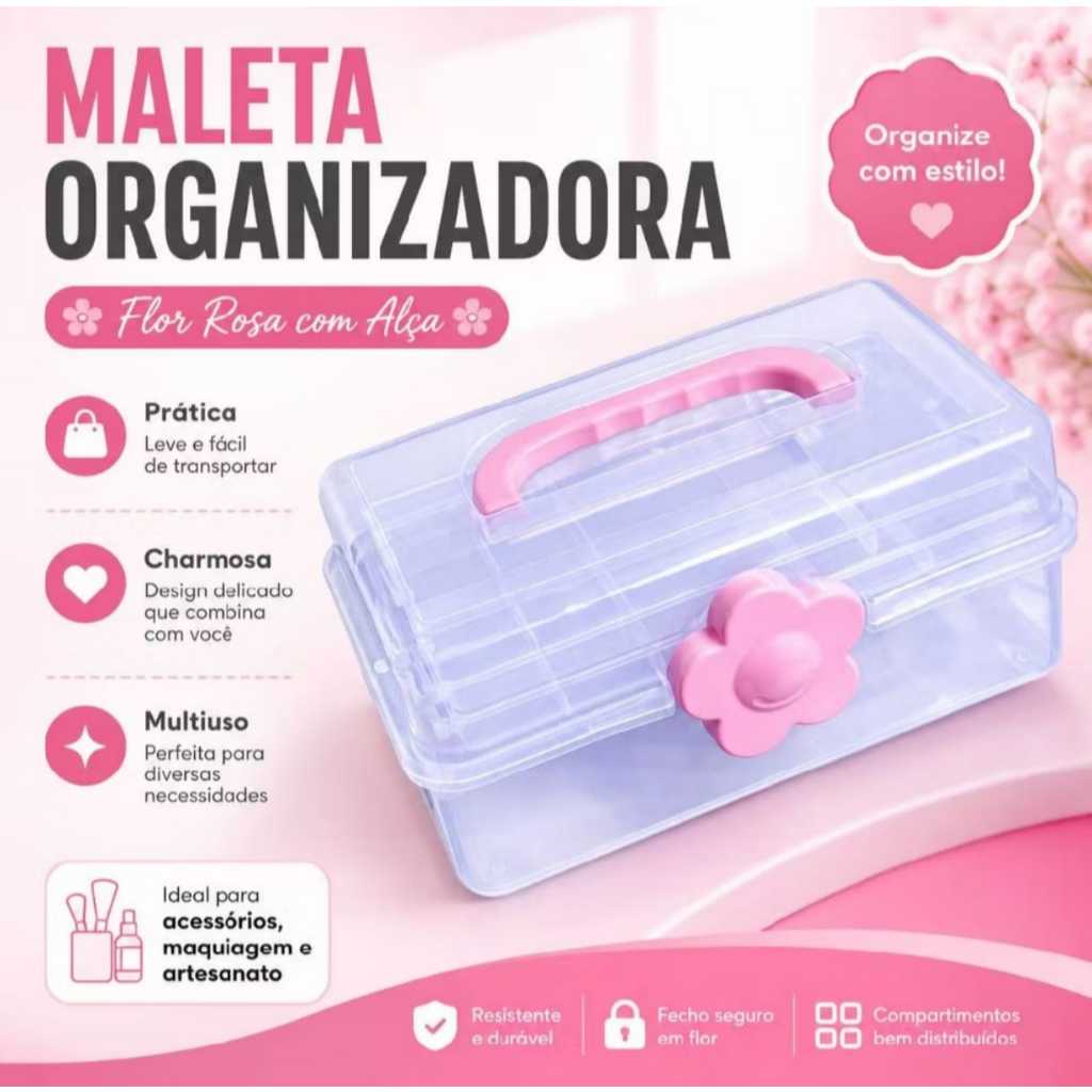 Maleta Organizadora Caixa com Alça E Flor Rosa Plástica com Divisórias Multiuso