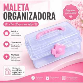 Maleta Organizadora Caixa com Alça E Flor Rosa Plástica com Divisórias Multiuso