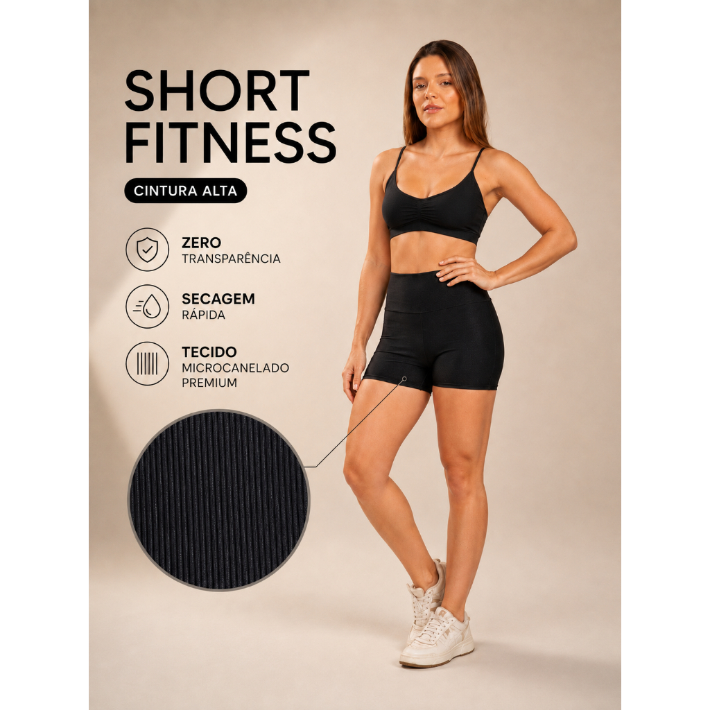 Short Fitness Academia Treino Feminino Microcanelado Premium Cintura Alta Alta Compressão UV50+ Não Transparente
